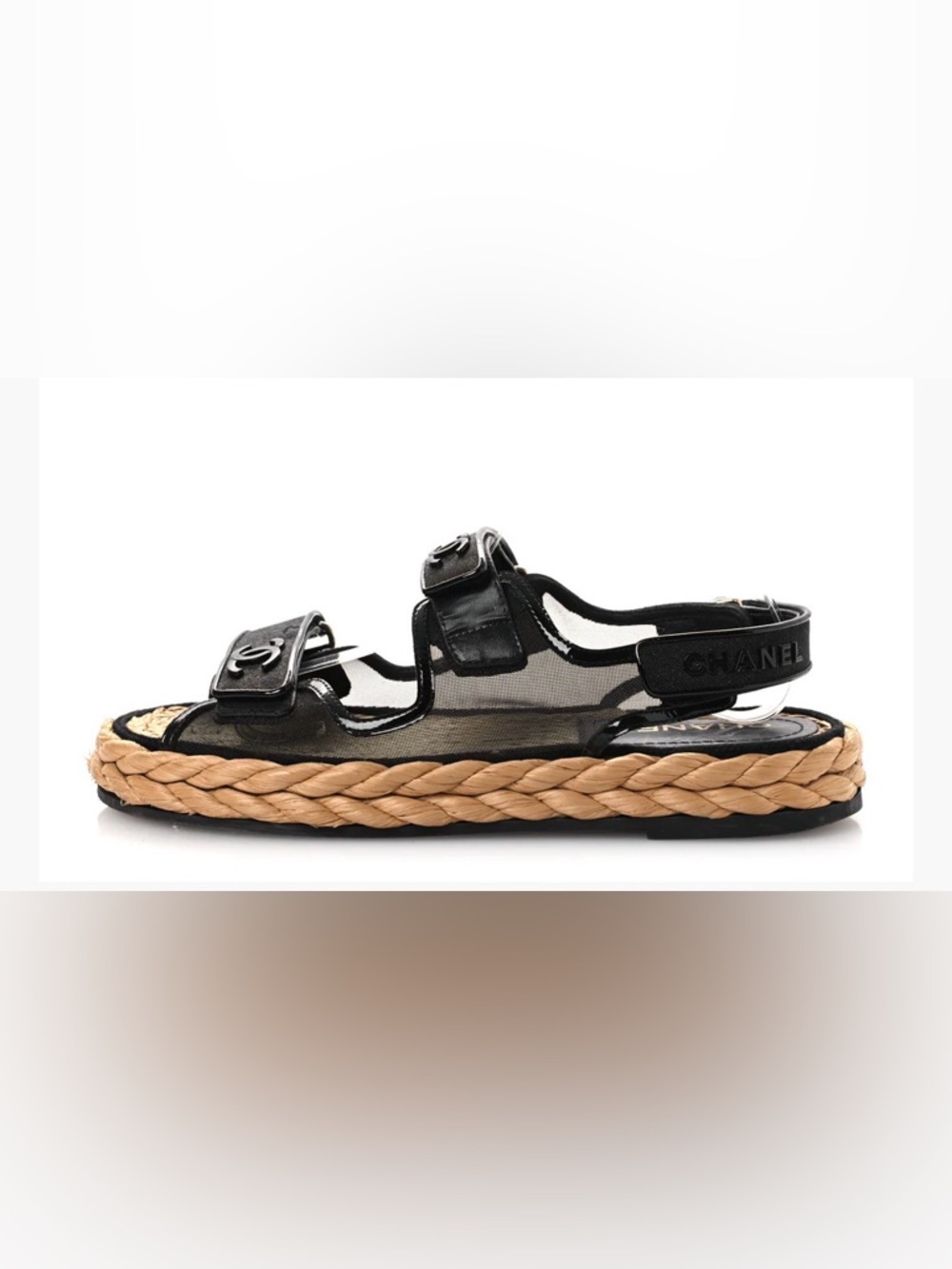 Chanel Mesh Patent Calfskin Velcro Dad Sandals Black 38